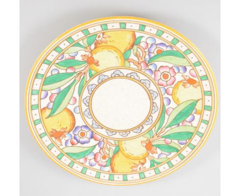 A  Bursley Ware wall plaque, designed by Charlotte Rhead in the Autumn Fruit pattern, number TL38, having a tube-lined decora
