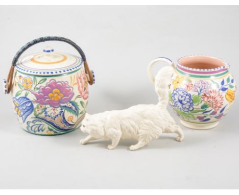 Poole pottery biscuit barrel, floral decoration, cane handle, 15cm; Poole jug; Royal Doulton model of cat; W.H. Gough's model