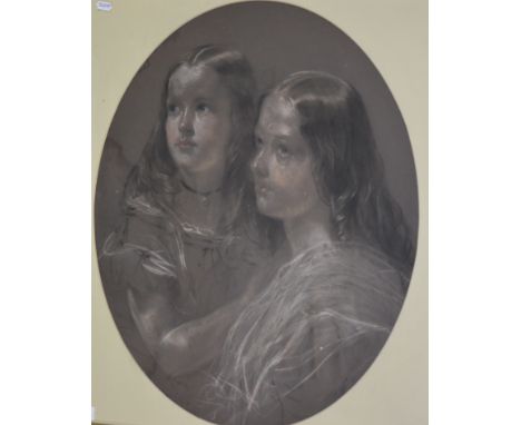 Follower of George Richmond, Portrait of two girls, pastel drawing, oval, 60cm x 49cm.