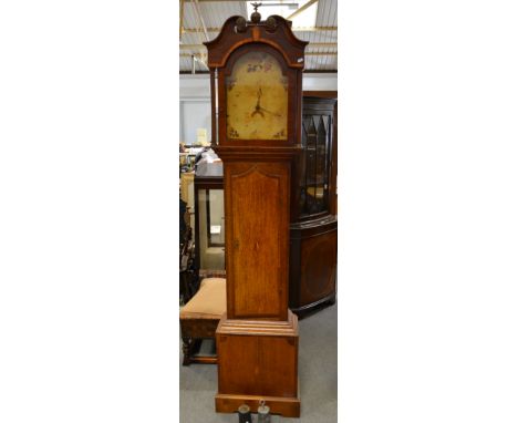 Late Georgian oak and mahogany longcase clock, white enamel dial faintly signed Deacon Barton, 30-hour movement, case with in