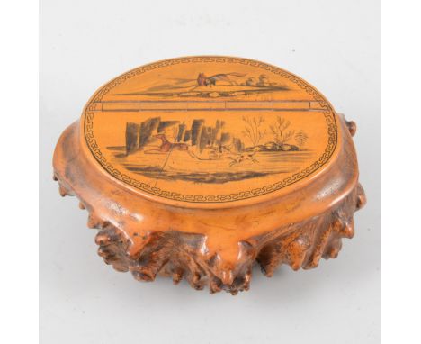 A 19th Century Scottish rootwood table snuff box, the lid with wooden hinge decorated with hounds chasing a deer and a fox wi