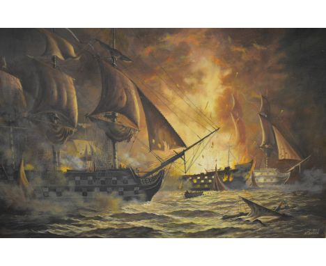K. Jepson, Sailing ships in battle at sea, oil on canvas, 50cm x 74cm, signed and dated 1971 bottom right. Cank Street Art Ga