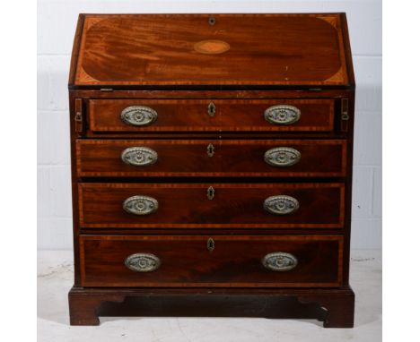 Small Georgian mahogany bureau, fall front with inlaid shell oval and fan spandrels, enclosing interior fitted with cupboard 