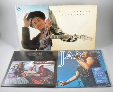 Vinyl music records; collection of mostly 1970s pop, rock and folk music, including Eric Clapton Slowhand with inscription "T