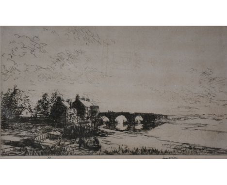 After James McBey, landscape etching, signed, 16cm x 27cm, and another.