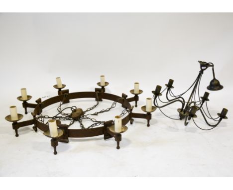 Wrought iron 8-light hanging light fitting, diameter 94cm; and a modern metal light fitting. (2)