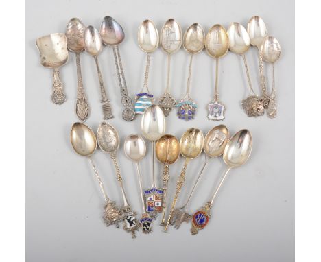 Victorian silver caddy spoon, Hilliard & Thomason, Birmingham 1849, Kings pattern; and a collection of souvenir spoons.