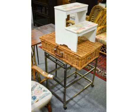 Woven cane hamper, metal framed three tier trolley and two height steps.