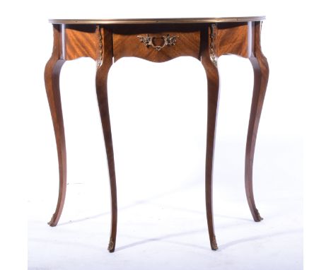 Reproduction parquetry work console table, frieze drawer, cabriole legs with brass mounts, width 77cm, depth 39cm, height 76c
