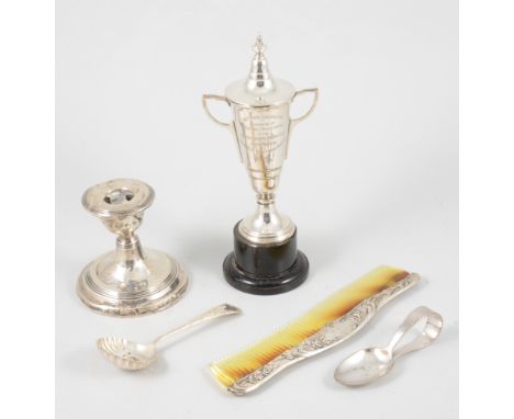 Silver two-handled covered trophy cup, Birmingham 1960, with stand, 20cm overall; silver-backed part dressing table set; silv