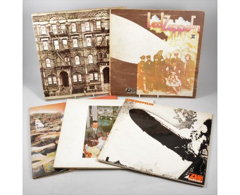 Led Zeppelin; vinyl music record selection to include, first self titled with orange text cover with red/plum lebels, Physica