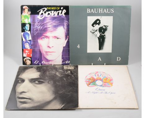 Vinyl music records; large quantity in one box including, David Bowie, Bauhaus, Bob Dylan, Queen, and other pop and rock LPs 