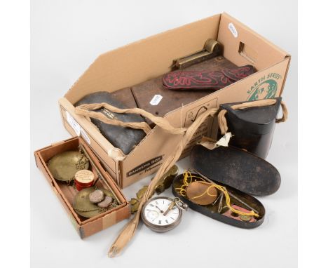 Hardwood tinderbox, 9cm; Victorian silver pocket watch; Georgian steel spectacles; Fleam; brass sovereign and half-sovereign 