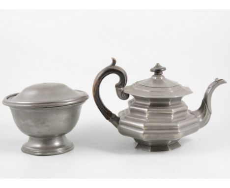 Pair of Victorian pewter candlesticks, 18cm; another pewter candlestick; pewter baluster shape mug; other pewter and Britanni