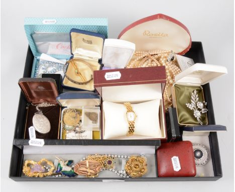 A collection of silver and costume jewellery, to include a lady's gold-plated Rotary bracelet watch, vintage paste brooches a