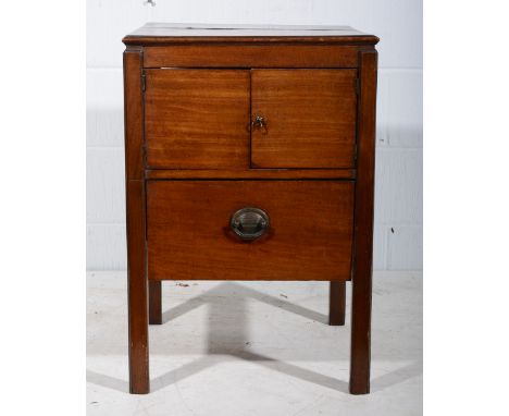 George III mahogany commode, the top with a moulded edge, doors over a drawer, width 51cm, depth 50cm, height 74cm.
