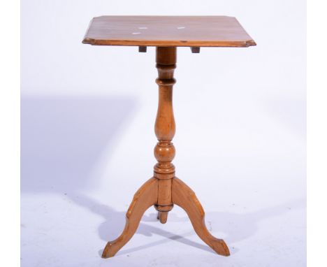 Satin walnut pedestal table, square top cantered corners, turned column tripod base, width 48cm x height 70cm.