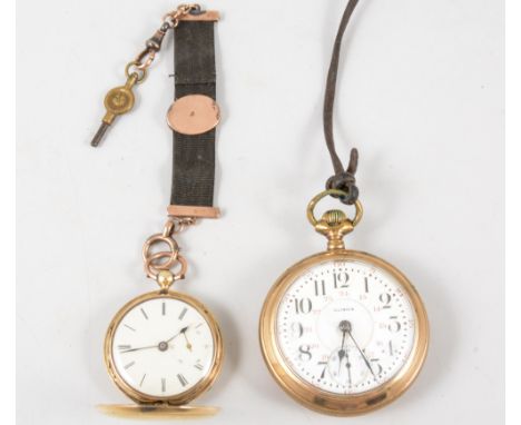 Two pocket watches, an 18 carat yellow gold full hunter fob watch, 30mm cream Roman dial with subsidiary seconds dial,18 cara