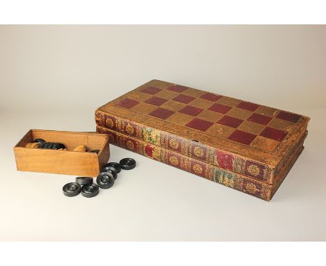 A hinged backgammon games board in the shape of two leather bound books, together with a box of counters, 45cm