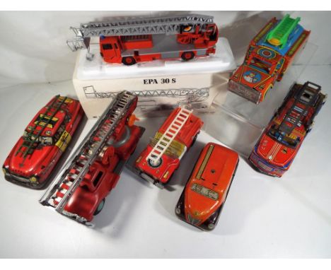 Fire engines - six tin-plate and one diecast to include friction and non-powered fire vehicles by Dibro, Raja and Mettoy, als