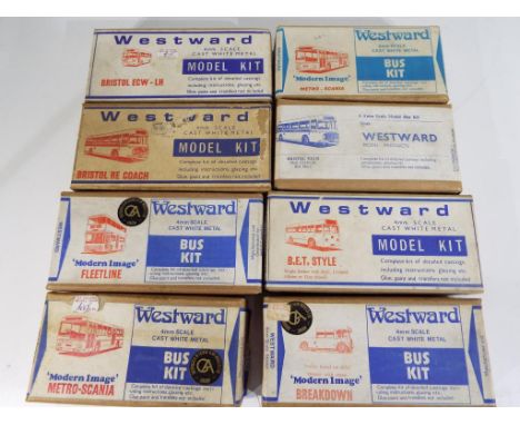 Westward - eight off 4mm scale cast white metal model kits comprising Double Decker Buses and Coaches, contents unchecked but