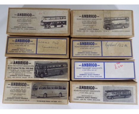 Ambrico - eight off 4mm scale cast white metal model kits comprising Double Decker Buses and Coaches, contents unchecked but 