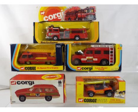 Corgi - Five diecast vehicles in original boxes comprising # 395, # 421, # 505, # 703 and # 2029, boxes VG with some imperfec