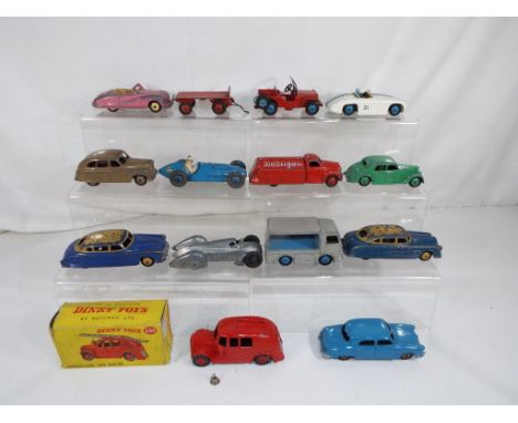 Dinky - 14 early diecast model motor vehicles, Streamlined Fire Engine # 250, boxed, also Studebaker # 172, Vanguard, 2 x Hud