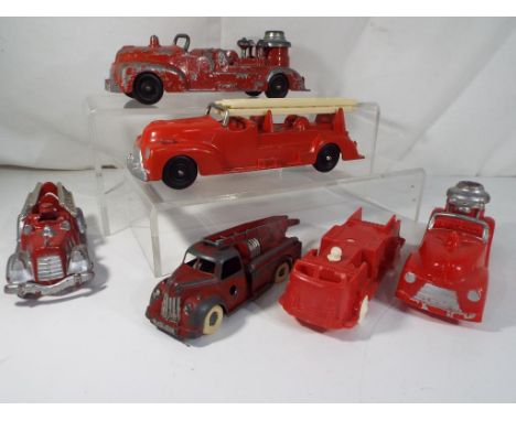 Hubley  and Chad Valley - six unboxed vintage fire engines to include Hubley No. 465 and a Chad Valley clockwork engine plus 