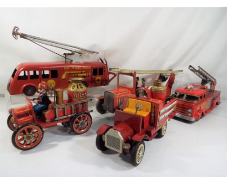 Mettoy, CIJ (France) and others - five tin-plate fire engines comprising a clockwork Voiture Renault fire engine and a Mettoy