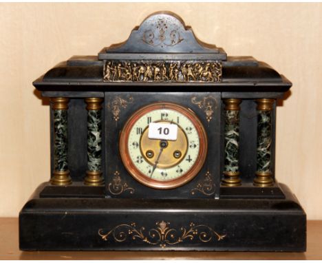 A 19th century French slate and marble mantle clock, H. 32cm.