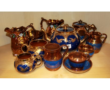 A 19th century Albany & Harvey three piece gilt pottery tea set together with a quantity of Lustre ware pottery, a 19th centu