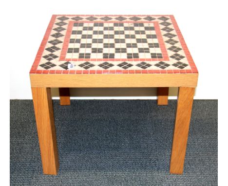 A 1970's mosaic tile topped teak table, 55 x 55 x 46cm.