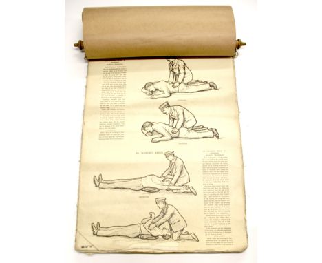 A superb early 20th Century 19 page wall chart illustrating first aid practices for artificial respiration etc. 98 x 68cm.