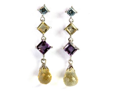 A pair of 925 silver earrings set with briolette cut citrines, amethyst and blue topaz, L. 4.5cm.