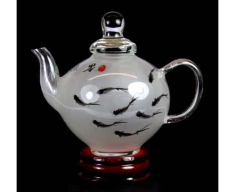 An unusual Chinese signed inside painted teapot and stand, H. 12cm.