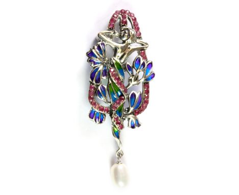 An Art Nouveau style 925 silver and enamel brooch/ pendant set with rubies and a pearl, L. 6.5cm.