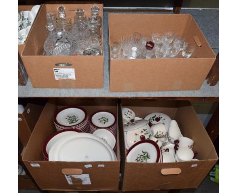 Four boxes including a Wedgewood part dinner and tea service, and various cut and pressed glass wares including decanters (qt