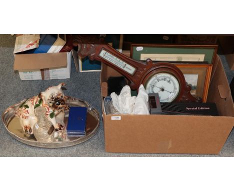 A G Hill pottery Wemyss model of a bull dog, silver plated trays, an aneroid barometer, cut glass decanter with silver label,