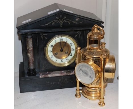 A Victorian slate and marble striking mantle clock and a modern gilt metal com pendulum clock/barometer/thermometer (2)
