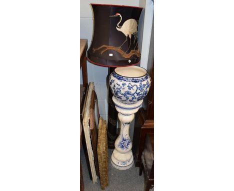 A Chinese style standard lamp, with silk shade, a coopered pale, a leather waste paper bin, a jardiniere on stand, table lamp