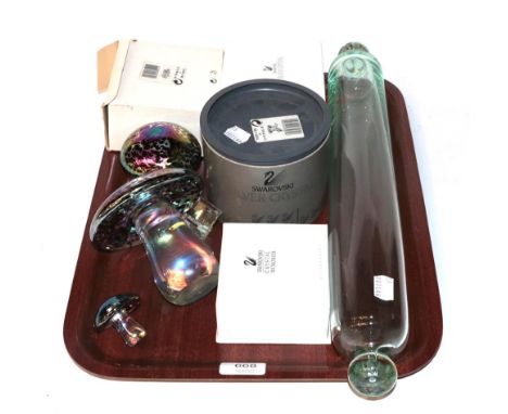 Three Swarovski boxed glass pieces  'brooch', 'rose', 'rocking horse', three Ditchfield type graduated glass paperweights and