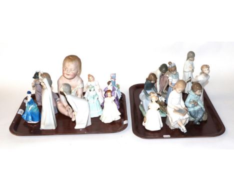 Two trays of figures comprising Coalport, four Royal Doulton, two Lladro, nine Nao, together with a Heubach piano baby figuri