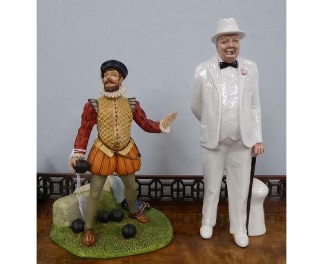 A Royal Doulton 'Sir Walter Raleigh' handmade sculpture, matt ground; together with Sir Winston Churchill HN3057 figurine (2)