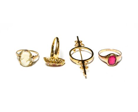 An 18 carat gold synthetic ruby and opal ring, finger size O1/2; a cameo ring, stamped '9CT', finger size M1/2; another 9 car