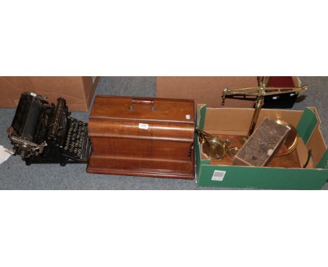 A set of brass balance scales by Berry &amp; Wamington Ltd Liverpool, together with a blood circular in box by Dr Macauras, a