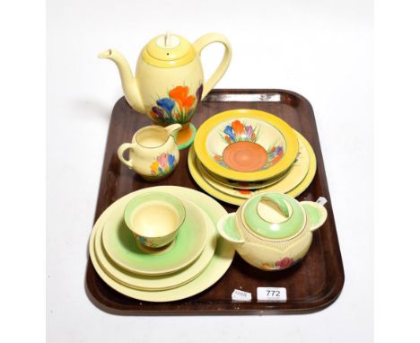 A group of Clarice Cliff Bizarre and other tea wares, all crocus pattern 