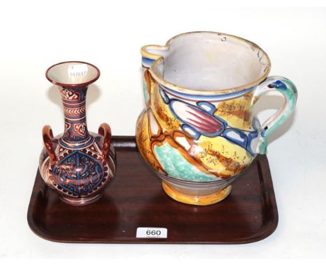 A mid-20th century Cantagalli pottery twin handled lustre vase together with an Italian pottery jug (2)