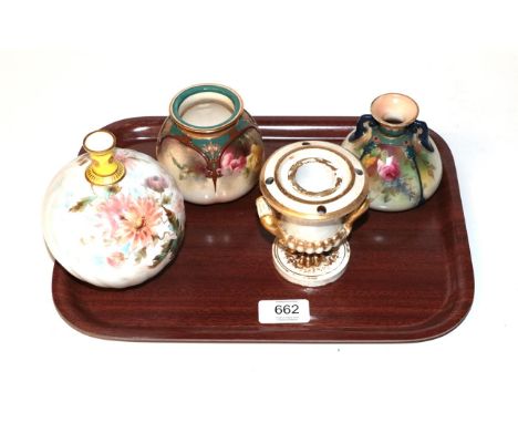 A Royal Crown Derby vase, a Royal Crown Derby ink well, a Royal Worcester vase and a Hadley's Worcester vase (a.f.)