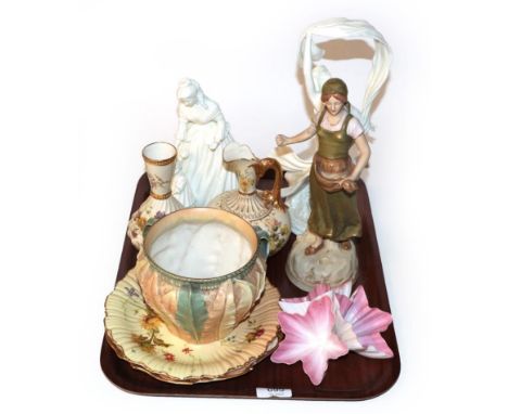 Five Royal Worcester blush ivory ceramics, Royal Dux figure and two royal Worcester figures 'The dance of time' and 'Motherin